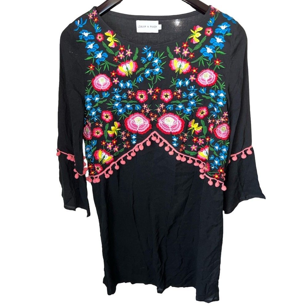 ASOS Liquor Poker Dress Womens Sz 6 Kaftan Embroidered Pom Pom Boho Blogger Fave